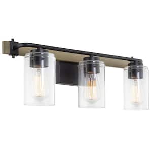 Jeremiah 23 in. 3-Lights Black with Smoked Birch Wood Style Farmhouse Bathroom Vanity Light