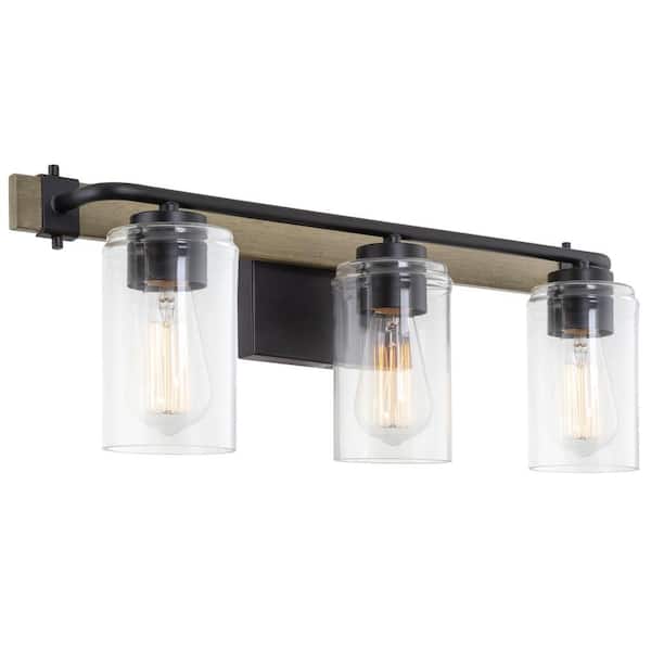 Kira Home Jeremiah 23 in. 3-Lights Black with Smoked Birch Wood Style Farmhouse Bathroom Vanity Light