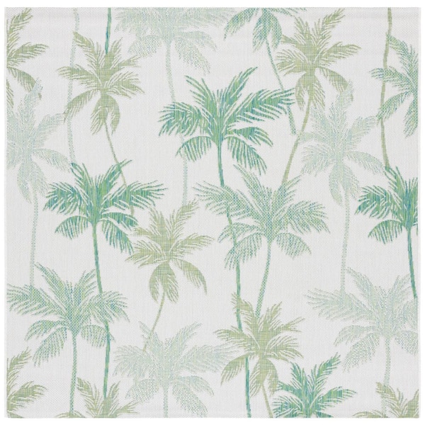Courtyard Ivory/Green 7 ft. x 7 ft. Botanical Palm Leaf Indoor/Outdoor Square Area Rug