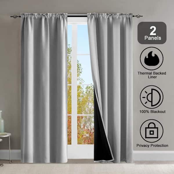 Gray Rod Pocket Thermal Insulated with Coated Lining 52 in. W x 63 in. L Indoor Blackout Curtains (Set of 2)