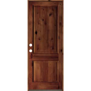 32 in. x 96 in. Rustic Knotty Alder Square Top Red Chestnut Stain Right-Hand Inswing Wood Single Prehung Front Door