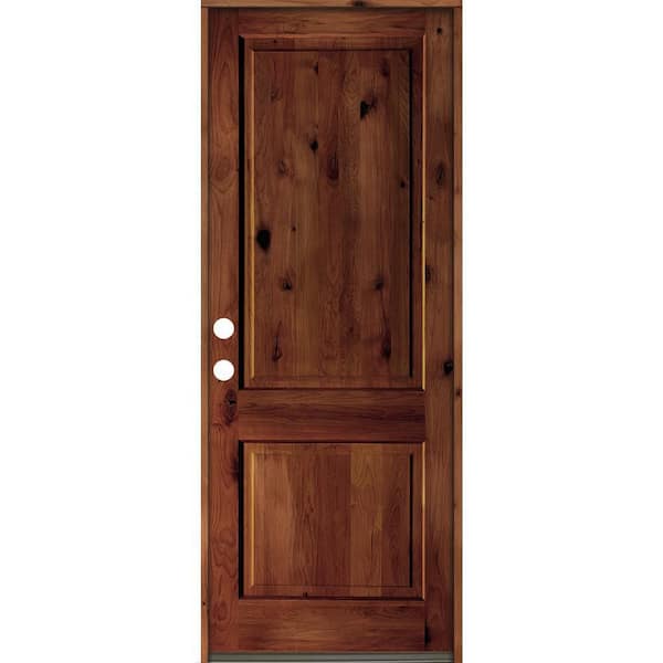 Krosswood Doors 36 in. x 96 in. Rustic Knotty Alder Square Top Red Chestnut Stain Right-Hand Inswing Wood Single Prehung Front Door