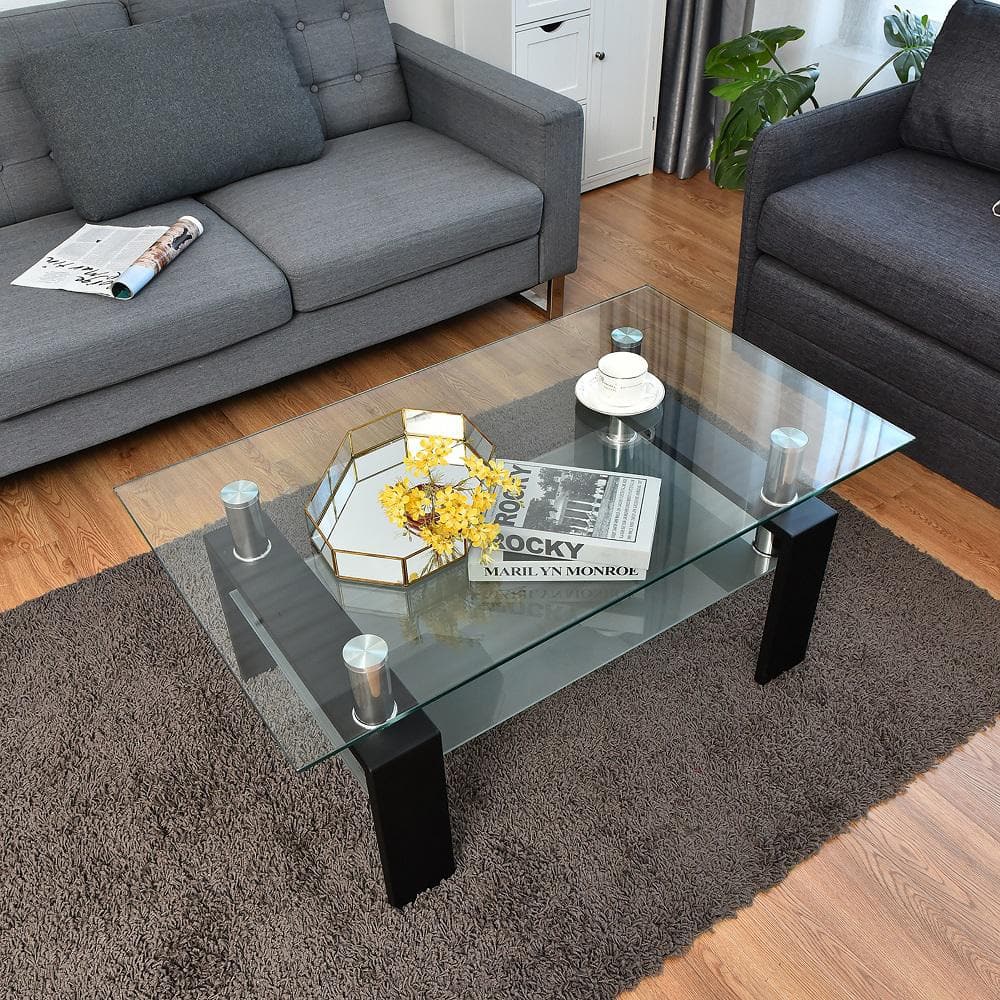 Modern Rectangular Glass Coffee Table with Black Metal Legs