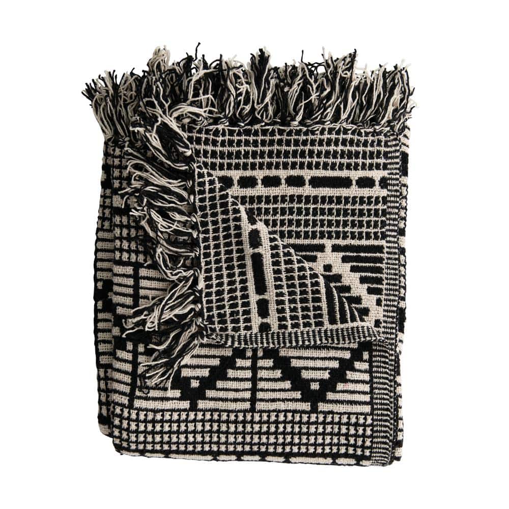 Bloomingville Black & Beige Diamond-Patterned Cotton Blend Throw with Fringe