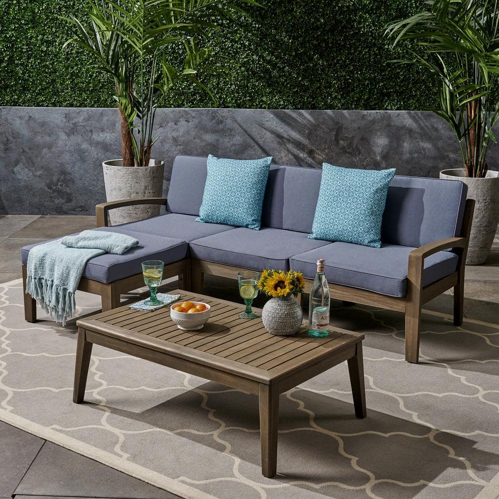 Grenada Grey 5-Piece Acacia Wood Patio Conversation Sectional Seating Set with Dark Grey Cushions -  Noble House, 53958