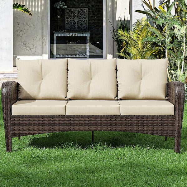 3-Seat Brown Wicker Outdoor Couch Patio Sofa with Deep Seating and Thick Beige Cushions