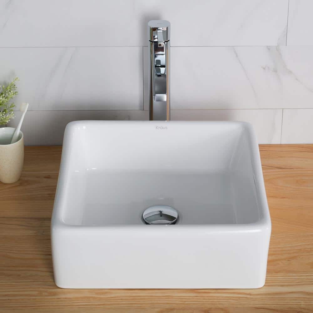 White Ceramic Square Vessel Sink with Chrome Faucet