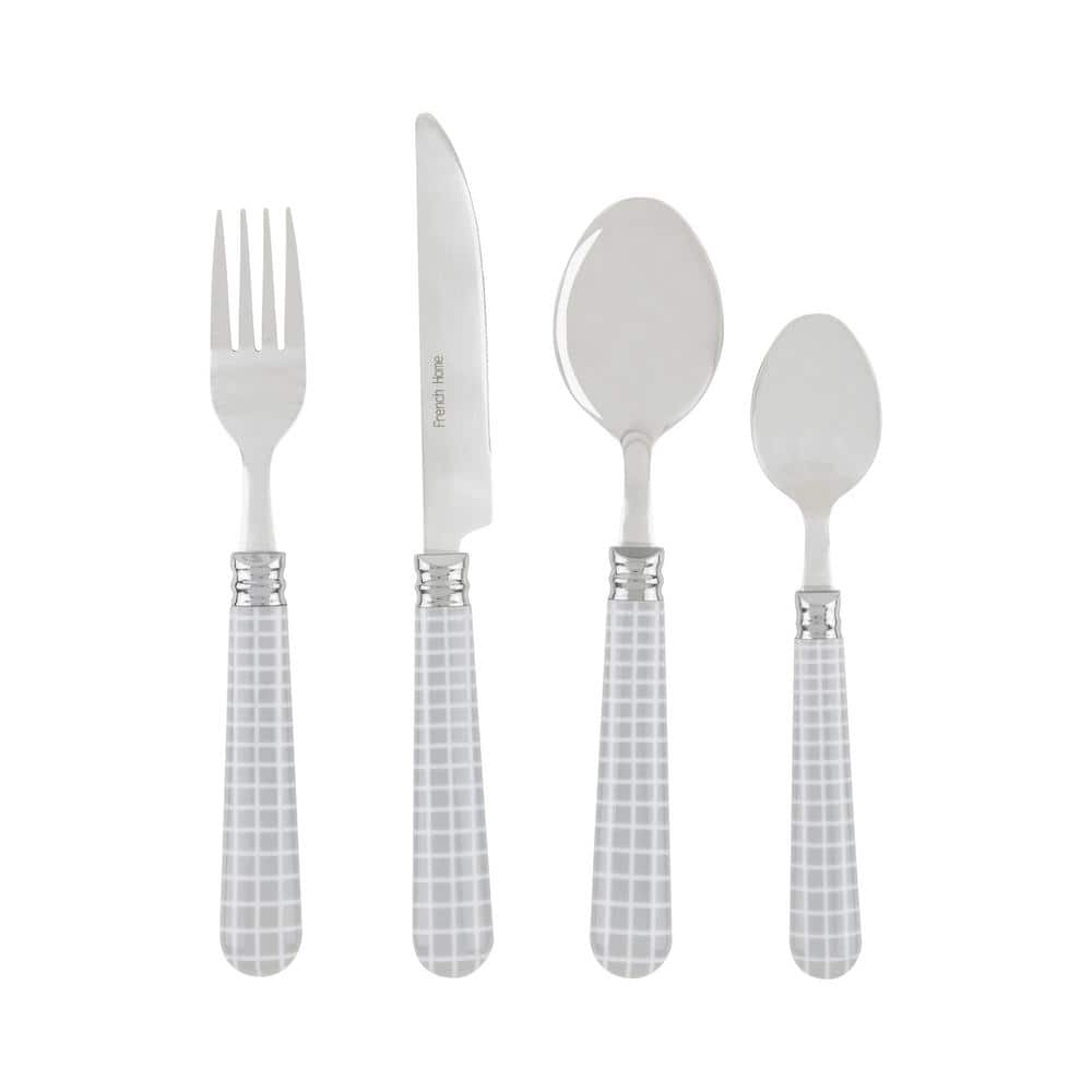 Geometric Grid Stainless Steel Flatware Set in Cool-Toned Gray and White