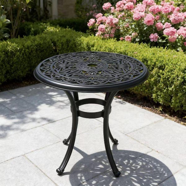Black Round Cast Aluminum Outdoor Dining Table-Umbrella Hole Patio