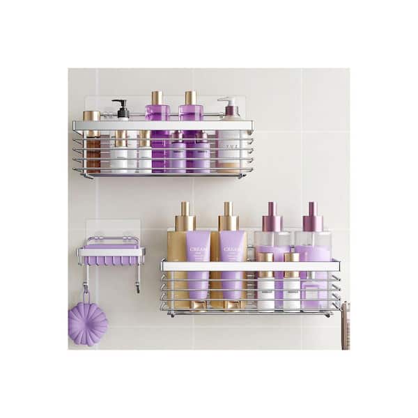 12.2inL 3.54in.H Stainless Steel Wall Mounted Shower Shelf Silver Rustproof No Drilling Adhesive Organizer 3 Pack