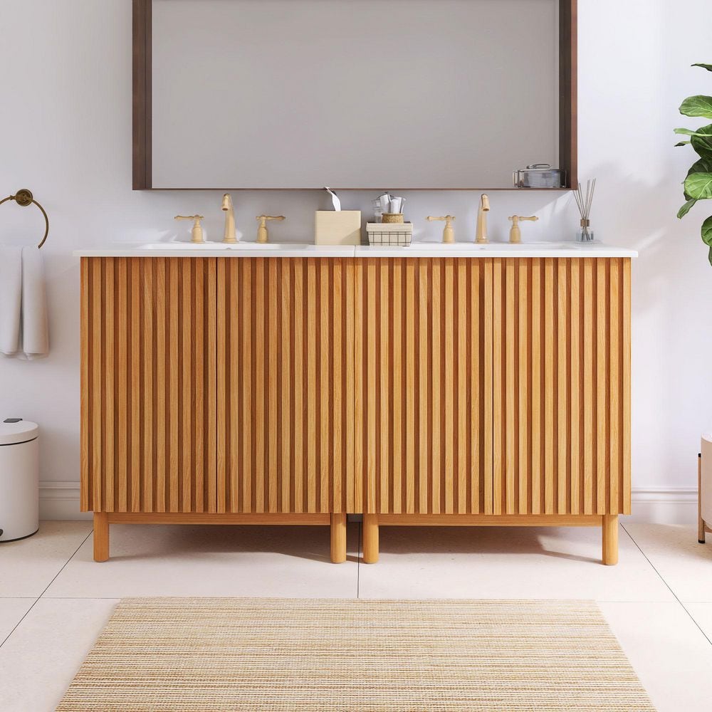 60 in. Double Sink Freestanding Oak Bath Vanity with White Ceramic Top price history on PriceWatchPro