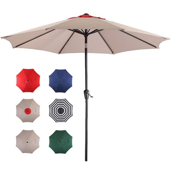 Siavonce 9 ft. Patio Umbrella Outdoor Table Umbrella with Button Tilt and Crank Market Umbrella With 8 Steel Ribs (Taupe and Red)