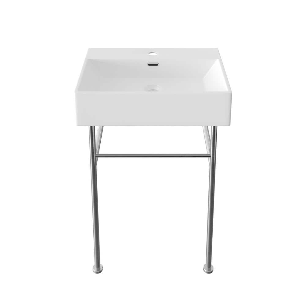 White Ceramic Rectangular Wall-Mount Console Sink with Stainless Steel Legs