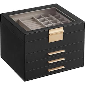 9.1 x 8 x 6.5 in. Graphite Black MDF Jewelry Box with Glass Lid, 4-Layer Organizer, 3 Drawer, for Big and Small Jewelry