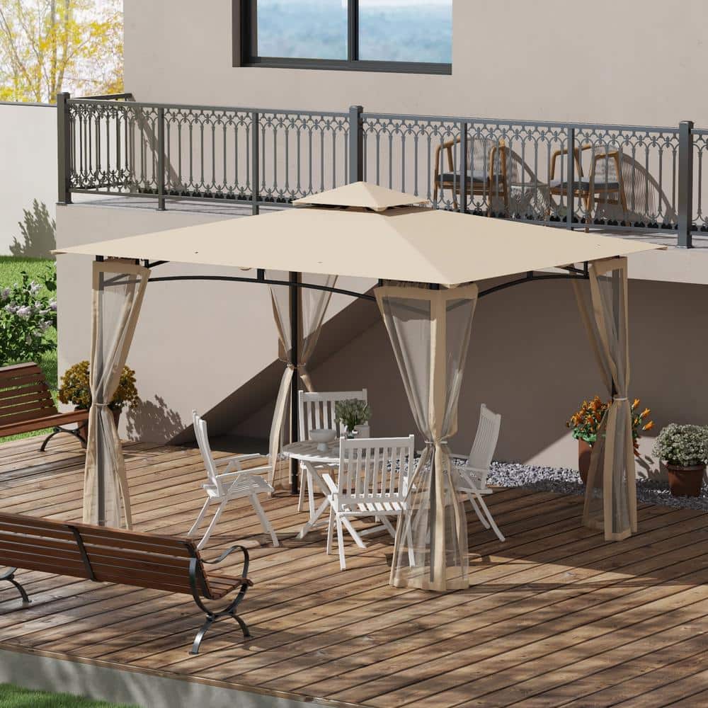 Beige Double Roof Outdoor Gazebo with Netting and Solid Metal Frame