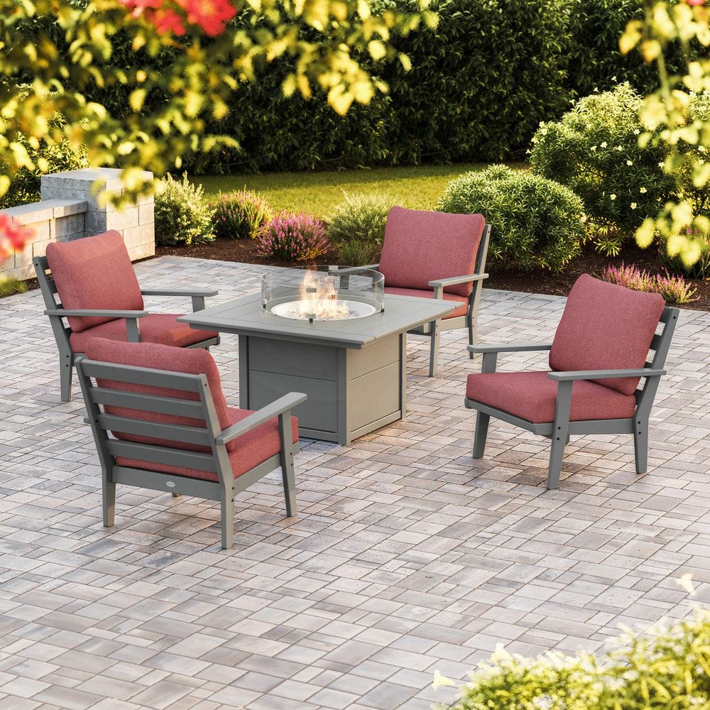 Grant Park Slate Grey 5-Piece Plastic Patio Deep Seating Conversation Set with Fire Pit Table w/ Silver Garnet Cushions price history on PriceWatchPro