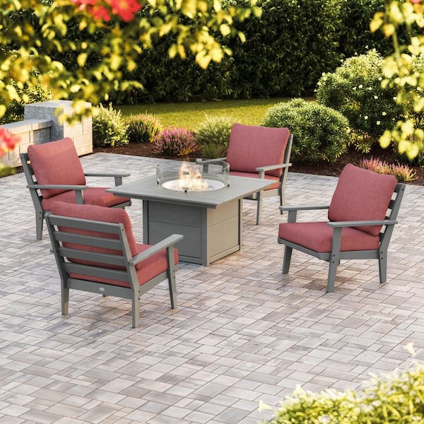 POLYWOOD Grant Park Grey 5-Piece Plastic Patio Deep Seating Conversation Set with Fire Pit Table with Silver Garnet Cushions