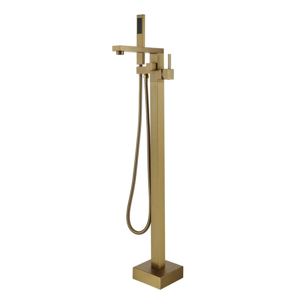 Brushed Brass Single-Handle Floor-Mounted Bathtub Faucet High Flow Bathroom Tub Filler with Hand Shower price history on PriceWatchPro