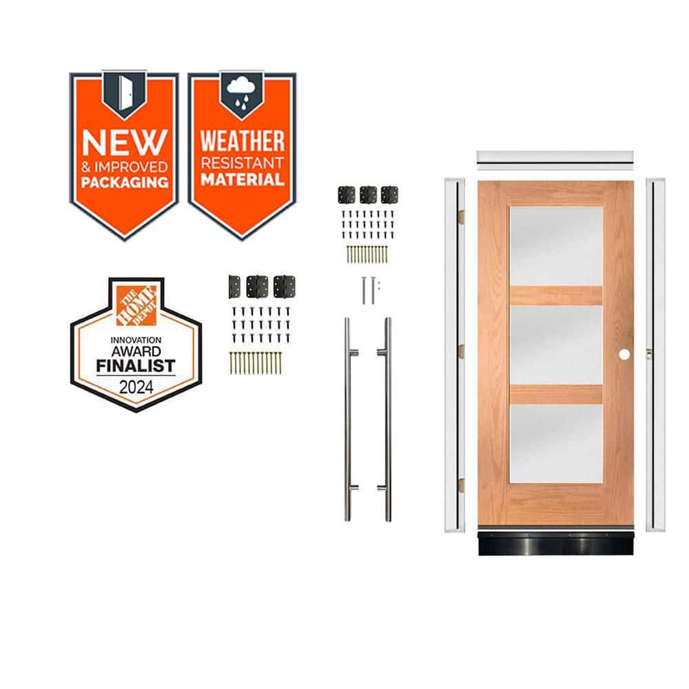 DIY Faux Pivot 36 in. x 79 in. 3-Lite Left-Hand Frosted Glass Teak Stain Fiberglass Front Door Kit w/Quick Assemble Jamb price history on PriceWatchPro