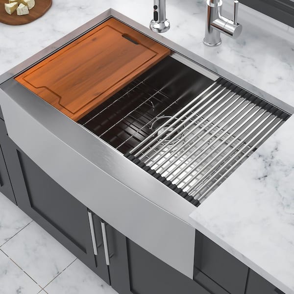 33 in. Farmhouse Single Bowl 16-Gauge Brushed Nickel Stainless Steel Kitchen Sink with Workstation