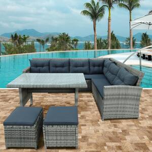 Gray 6-Piece Patio Furniture Set Outdoor Rattan Wicker Conversation Set Sectional Sofa with Table, Ottoman, Gray Cushion