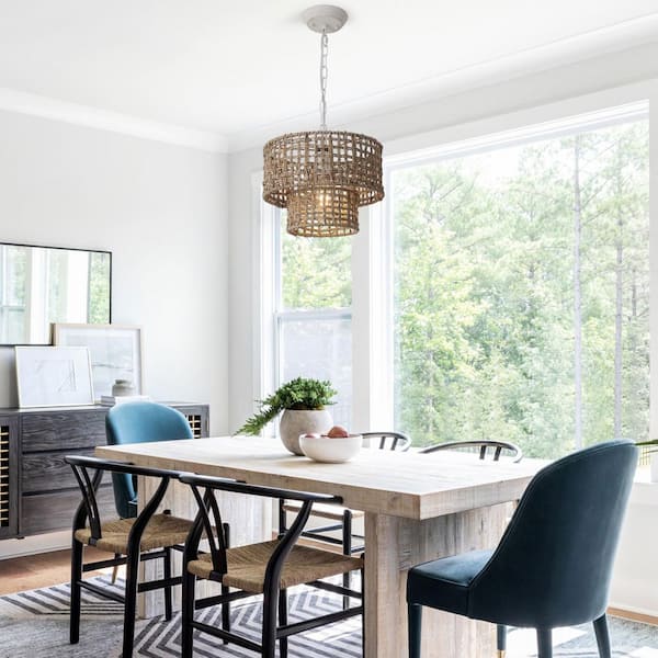 1-Light Drum White Hanging Ceiling Pendant Light Linear Chandelier with Rattan Shaded for Kitchen Island
