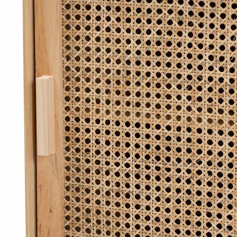 Mid-Century Modern Natural Brown Pine & MDF End Table with Rattan Door