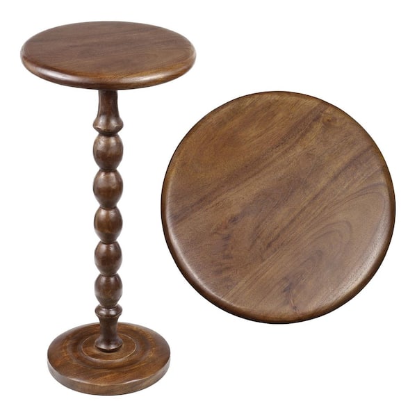 Augustus 11 in. Cottage Classic Spindle Wood Pedestal Round Drink Table and Decorative End Table, Dark Brown
