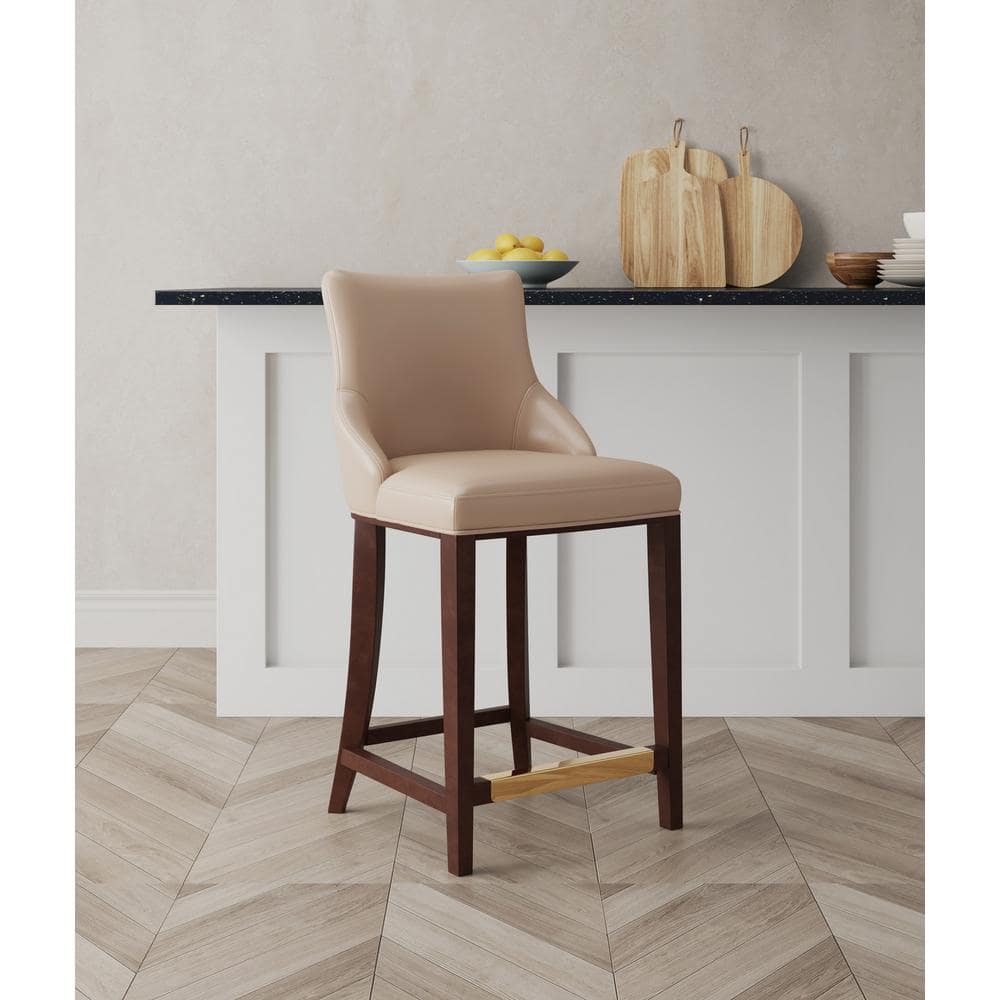 Tan Leatherette Upholstered Counter Height Barstool with Beechwood Frame