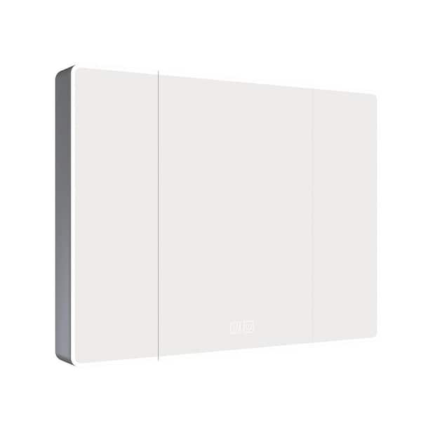 35.4 in. W x 27.6 in. H Rectangular Medicine Cabinet with Mirror, 3-Colors LED Light, Defogging and Hair Dryer Holder