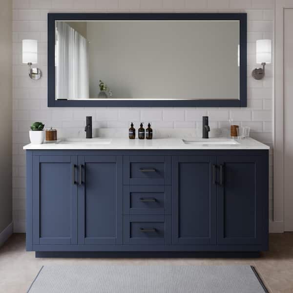 Wyndham Collection Miranda 72 in. W Double Bath Vanity in Dark Blue with Cultured Marble Vanity Top in Light-Vein Carrara with White Basins
