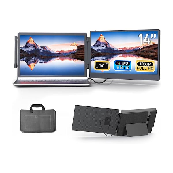14 in. Portable Laptop Monitor Extender with 1080P Dual Screen, USB-C/HDMI, Built-in Speaker & Back-Stand, Black