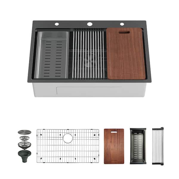 33 in. Drop-in 3-Hole Single Bowl 16-Gauge Gunmetal Black Stainless Steel Workstation Kitchen Sink with Full Accessories