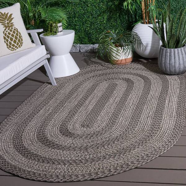 Braided 5 ft. x 8 ft. Oval Gray Two-Tone Border Washable Indoor/Outdoor Area Rug