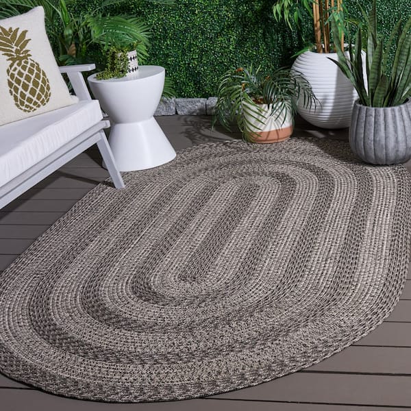 Braided 6 ft. x 8 ft. Oval Gray Two-Tone Border Washable Indoor/Outdoor Area Rug