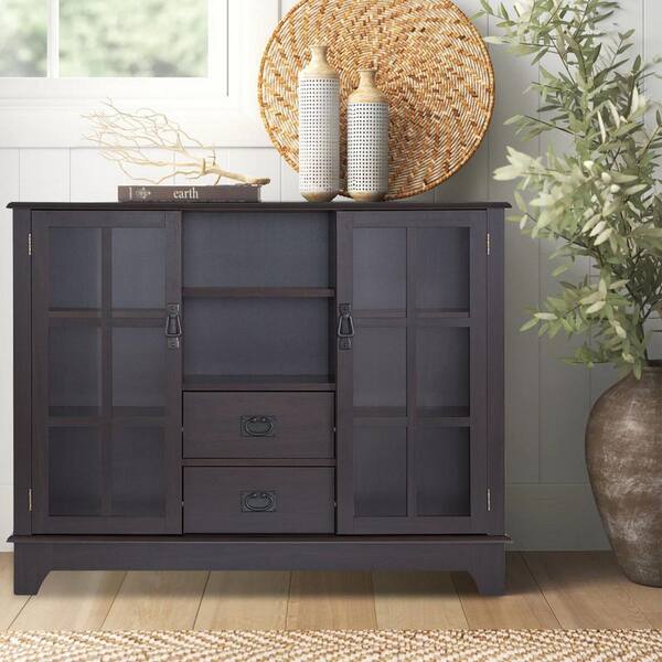 Amucolo 42 in. Espresso Freestanding Kitchen Storage Cabinet with 2 Drawers and Glass Sliding Door