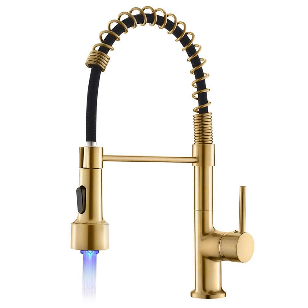 Single Handle LED Pull Down Sprayer Kitchen Faucet with Advanced Spray Spring 1 Hole Kitchen Sink Taps in Brushed Gold -  AIMADI, KI-0080-BG