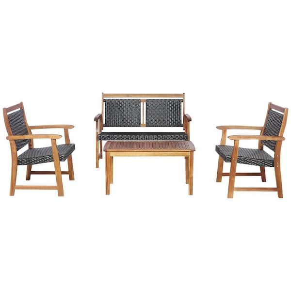ANGELES HOME 4-Piece Wood Outdoor Patio Conversation Set with Acacia Wood Frame