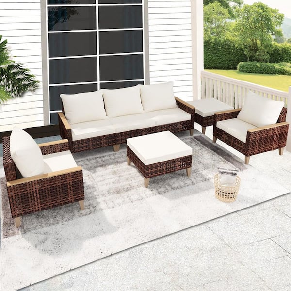 Oyezvary 7-Piece Modern Wicker Patio Conversation Set, High Leg Design and Wooden Armrests with White Removable Washable Cushions