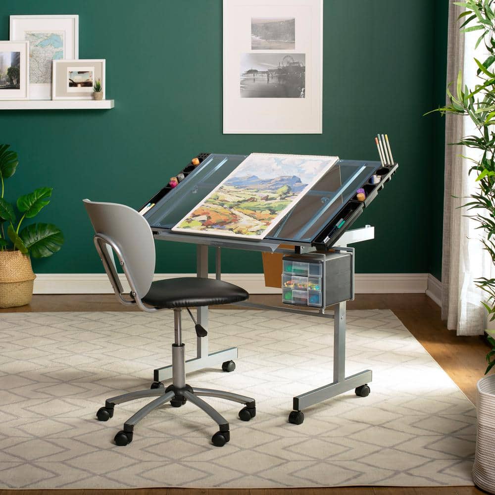 Silver-Blue Tempered Glass Craft & Drawing Desk with Adjustable Angle