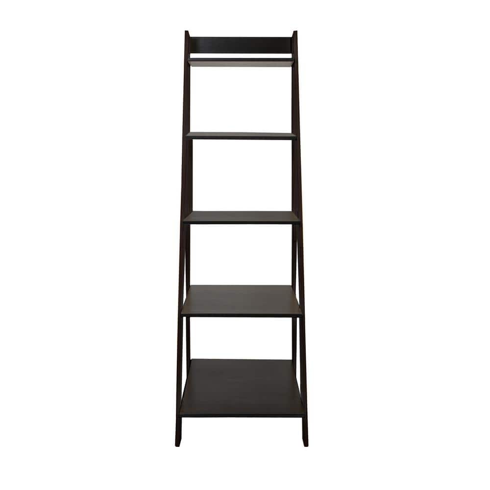 Sleek Black Solid Wood 5-Shelf Freestanding Ladder Bookcase