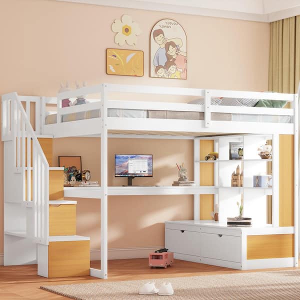 Harper & Bright Designs White and Natural Full Size Wooden Loft Bed with Storage Staircase, Built-in Desk, 2-Drawers, Multiple Shelves