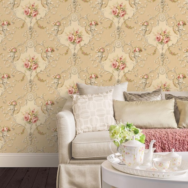 Ornamental Floral Wallpaper in Brown, Red and Yellow