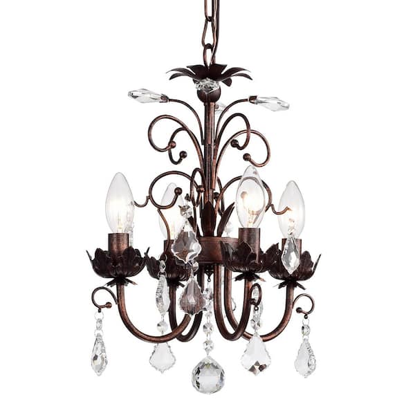 Edvivi 4-Light Antique Copper Leaf Chandelier with Hanging Crystals