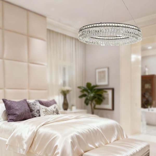 1-Light Integrated LED Flat Black Crystal Wagon Wheel Chandelier for Living Room