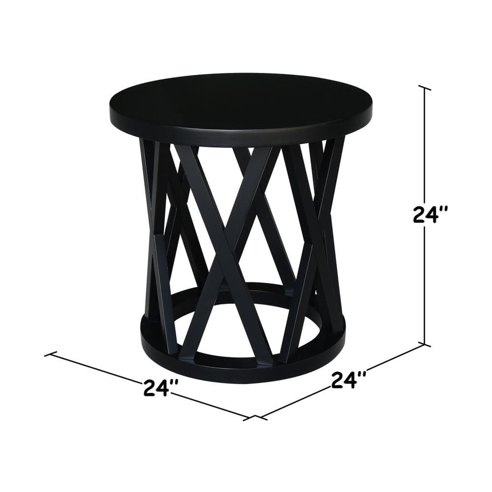 24" Black Solid Wood Round End Table with Geometric Base