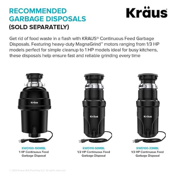 Kraus KWD100-33MBL WasteGuard High-Speed 1/3 HP Continuous Feed Ultra-Quiet Motor Garbage Disposal