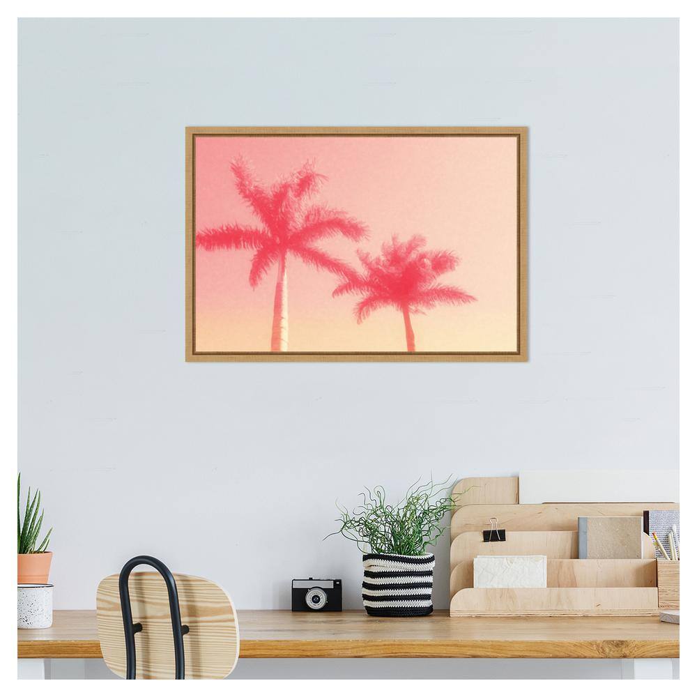 Palm Trees in Pink Scenic Landscape Canvas Wall Art with Maple Frame