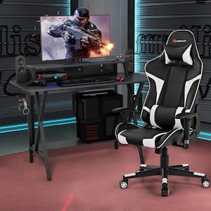 48 in. Gaming Computer Desk and Massage Gaming Chair Set with Monitor Shelf Power Strip White