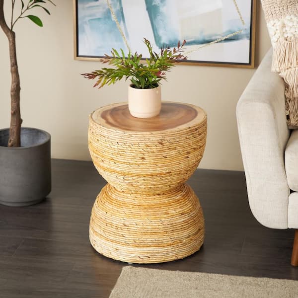 16 in. Light Brown Handmade Woven Medium Round Teak Wood End Table with Wooden Tabletop